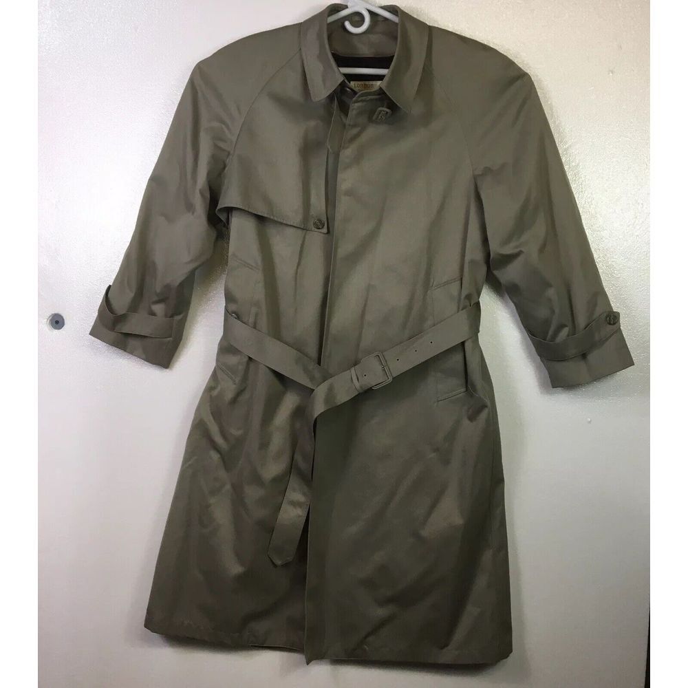 London Towne Trench Rain Dress‎ Coat Mens 42R Beige Belted  Zip Out Lining